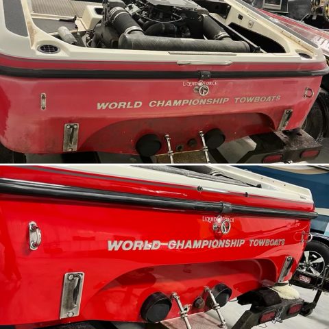 Before and after on a red MasterCraft towboat: chalky oxidised gelcoat above, restored gloss below