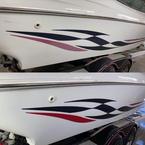 Before and after on a white hull with black and red graphics, dull and flat above, wet-looking gloss below