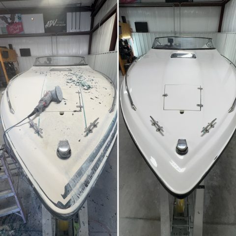 Before and after on a boat bow: compound dust and sanding marks on the left, finished white gloss on the right
