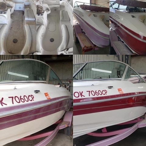 Six panel before and after of a maroon and white Tahoe bowrider, covering both the interior and the hull sides