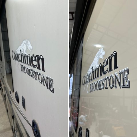 Before and after oxidation removal on a Coachmen Brookstone motorhome: a flat, faded finish restored to reflective gloss